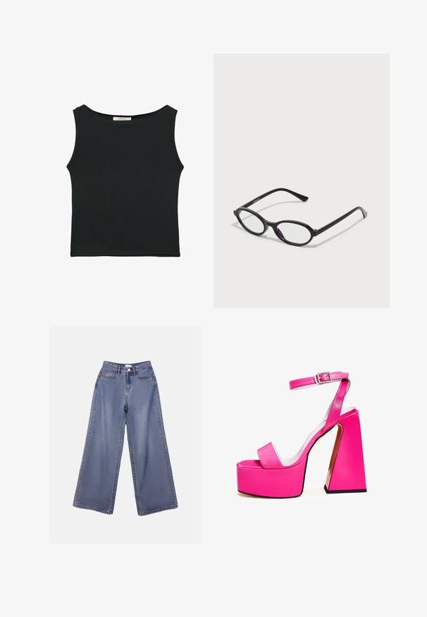 Czarny bezrękawnik wykonany z gładkiego materiału, z okrągłym dekoltem i dopasowanym fasonem, bez widocznych wzorów czy ozdób.; Jasnoniebieskie dżinsy o szerokich nogawkach z wysokim stanem, z kieszeniami z przodu oraz zapięciem na guziki i pętelkami na pasek.; Różowe sandały na platformie z szerokim kwadratowym obcasem, paskiem wokół kostki, gładkim wykończeniem i otwartym noskiem. Akcent w postaci klamry na kostce.; Czarne okulary w owalnej oprawie z przezroczystymi fioletowymi akcentami na soczewkach. Oprawki mają matowe wykończenie oraz smukłe, proste zauszniki.; Czarna skórzana torba na ramię o zaokrąglonym kształcie, z połyskującym wykończeniem i srebrnymi akcentami. Osoba w czarnych spodniac wyszczuplających i znaczonymi loafersami.