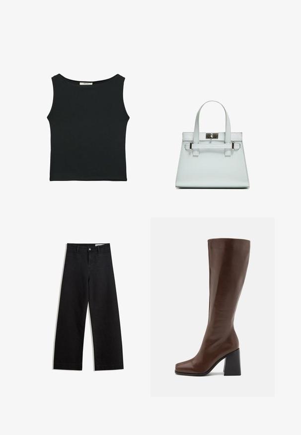 Czarny bezrękawnik wykonany z gładkiego materiału, z okrągłym dekoltem i dopasowanym fasonem, bez widocznych wzorów czy ozdób.; Czarne dżinsowe spodnie o szerokich nogawkach i wysokim stanie, z przednimi i tylnymi kieszeniami, przeszyciami oraz zapięciem na guziki. Gładka struktura.; RAID RENZO brązowy; Jasnoniebieska torebka o strukturalnym designie, z dwoma uchwytami i zapięciem w srebrnym odcieniu. Teksturowany materiał i ostre krawędzie.