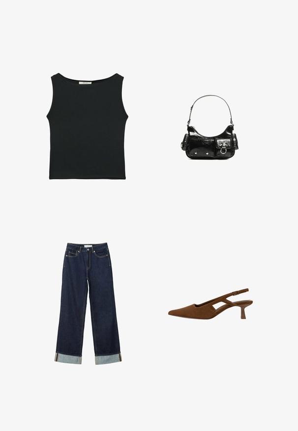 Top sans manches noir en tissu lisse, avec un col rond et une coupe ajustée, sans motifs ni ornements apparents.; Jean large bleu foncé à taille haute, avec des ourlets roulés, des coutures contrastées et un design à cinq poches. Fabriqué en tissu en denim.; Chaussure slingback en daim brun avec un bout pointu, un design découpé et un talon fin. Présente une sangle à boucle et une doublure intérieure lisse.; Sac à main en cuir verni noir avec une forme incurvée, une bandoulière, des poches avant et des accents en métal argenté.; Bracelet en or avec une surface lisse et brillante, présentant une forme ronde et un détail de fermoir subtil.