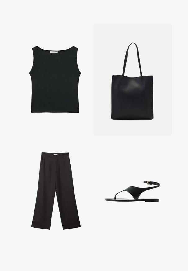 Schwarzes ärmelloses Oberteil aus glattem Stoff, mit einem runden Ausschnitt und einer figurbetonten Passform, ohne sichtbare Muster oder Verzierungen.; Schwarze weite Hosen aus glattem Stoff, mit einem Reißverschluss vorne und zwei seitlichen Taschen, maßgeschneiderter Passform und minimalistischem Design.; Schwarze flache Sandalen mit einem minimalistischen Design, ausgestattet mit einem einzigen Riemen und einem Knöchelriemen. Hergestellt aus glattem Material, mit einer flachen Sohle.; Schwarze Laptoptasche aus Leder mit glatter Textur, rechteckiger Form und zwei langen Griffen. Keine sichtbaren Beschläge oder Verzierungen.
