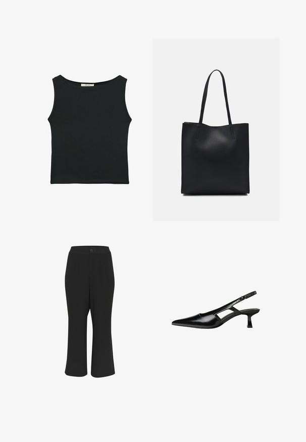 Sort ærmeløs top i glat stof, med rund halsudskæring og en tætsiddende pasform uden synlige mønstre eller udsmykninger.; Sorte cropped bukser med en glat tekstur, knaplukning og to frontlommer. Designet har en lige pasform og minimal detaljer.; Sorte patentlæder slingback hæle med spids tå, udskåret sideskærm og en lille firkantet hæl. Glat tekstur med minimale detaljer.; Sort læder tote taske med glat tekstur, rektangulær form og to lange hanke. Ingen synlig hardware eller udsmykninger.