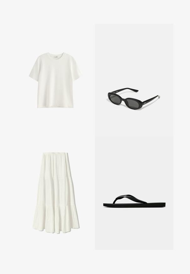 T-shirt bianco a maniche corte realizzato in morbido cotone. Design a girocollo con vestibilità rilassata. Nessun motivo o grafica visibile.; Gonna maxi bianca con design a strati, realizzata in tessuto leggero. Presenta una vita elastica e delicati accenti di cucitura.; Infradito in gomma nera con cinturino testurizzato e suola piatta semplice, mostrati di lato su uno sfondo chiaro e uniforme.; Occhiali da sole neri con lenti ovali, montatura in plastica lucida e stecche sottili. Presentano il logo Ray-Ban in bianco sul lato.; Borsa a tracolla nera in pelle con una forma strutturata, una texture liscia e una singola tracolla. Presenta un design a patta arrotondata e discreta.