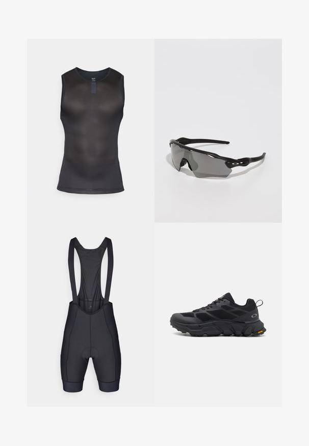 Μαύρο αθλητικό τοπ χωρίς μανίκια φτιαγμένο από πλέγμα. Διαθέτει στρογγυλή λαιμόκοψη και εφαρμοστή σχεδίαση με απαλή υφή σε όλη την επιφάνεια.; Μαύρα ποδηλατικά σορτσάκια με ρυθμιζόμενους ιμάντες και επενδυμένο πάτο. Διαθέτουν λεία υφή και ενισχυμένες ραφές για αντοχή.; Μαύρα αθλητικά παπούτσια με χοντρή σόλα, επάνω μέρος από διχτυωτό και συνθετικό υλικό, υφιστάμενες λεπτομέρειες και σήμανση Vibram στη σόλα.; Μαύρα αθλητικά γυαλιά ηλίου με κομψό σχέδιο, φακούς που αγκαλιάζουν το πρόσωπο, γκρι τόνου φακούς και υφασματώδεις μαύρες βραχίονες. Χωρίς ορατά λογότυπα.