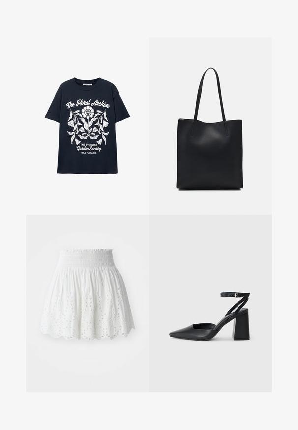 Mornarski majica kratkih rukava s bijelim cvjetnim grafikom i natpisima "Floralni arhiv", "Društvo vrtnog maglovitog vrta" i "Divlja flora Co."; Bijela pamučna suknja s elastičnim strukom, s vezom cvjetnih izreza uz rub i lepršavim siluetom.; Crne kožne cipele s špicastim vrhom, remenom oko gležnja i debelim potplatom. Ravna tekstura, elegantan dizajn i minimalistička estetika.; Crna kožna torba za nošenje s glatkom teksturom, pravokutnim oblikom i dvije duge ručke. Nema vidljivih metalnih dijelova ili ukrasa.