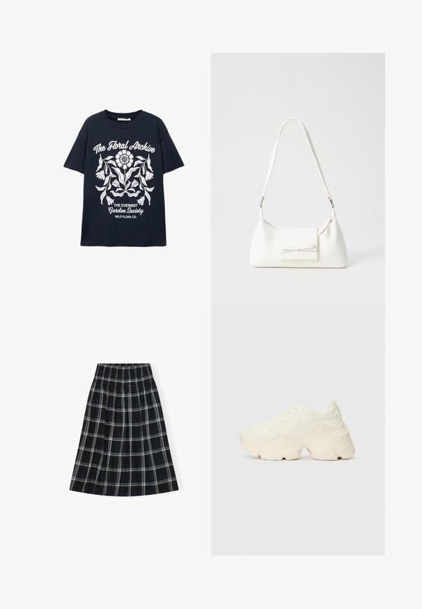 Laivastonsininen lyhythihainen t-paita, jossa on valkoinen kukkakuva ja tekstit "Kukkavalikoima", "Ikivihreä Puutarhayhdistys" ja "Villikukkia Oy."; Mustavalkoinen ruudullinen hame, jossa on kuminauhavyötärö, polven mittainen, flare-mallinen ja pehmeä kankaan tekstuuri.; Paksut valkoiset lenkkarit, jotka on valmistettu teksturoidusta verkosta ja synteettisistä materiaaleista. Kenkäparissa on paksu pohja ja monimutkaisat kuviohuokoset sivuilla.; Valkoinen synteettinen käsilaukku, jossa on kolmikulmainen muoto, tasainen etu läppä ja nauhadetail, säädettävä olkahihna, sileä rakenne ja minimalinen muotoilu.