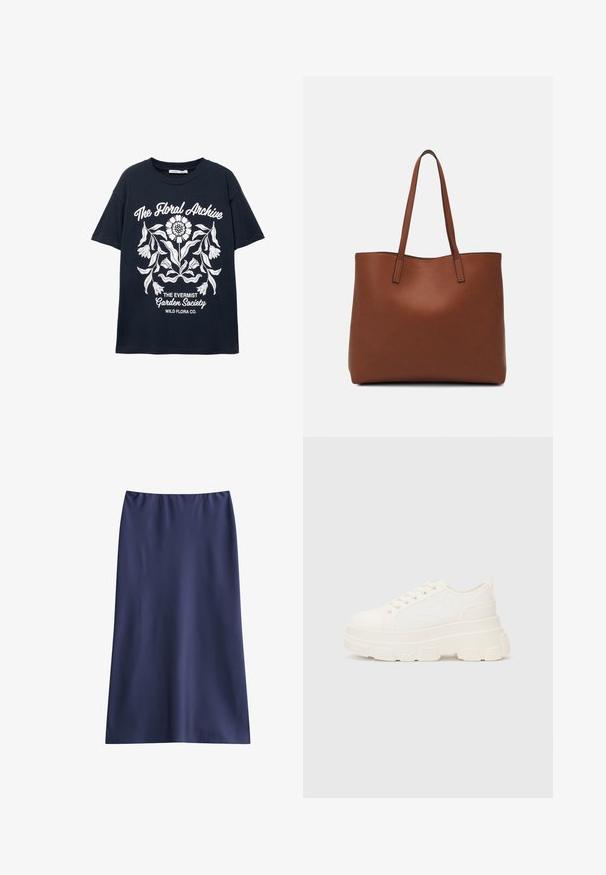 T-shirt à manches courtes marine avec un graphique floral blanc et le texte "L'Archive Florale", "La Société du Jardin Evermist" et "Wild Flora Co."; Jupe bleu marine midi en tissu lisse, présentant un design simple et droit avec une taille élastique et sans fermetures visibles.; Baskets blanches en toile avec une semelle épaisse, bout arrondi et cinq œillets pour les lacets. Onglet arrière pour un enfilage facile. Texture lisse, design minimaliste.; Sac fourre-tout en cuir marron avec une texture lisse, design à ouverture supérieure et deux poignées pour le porter à l'épaule. Présente des coutures minimales et aucun matériel visible.