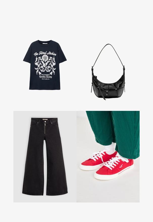 T-shirt à manches courtes marine avec un graphique floral blanc et le texte "L'Archive Florale", "La Société du Jardin Evermist" et "Wild Flora Co."; Jean large en denim noir avec une fermeture éclair à l'avant, un design à cinq poches et des détails de couture subtils. Texture lisse et style décontracté.; Baskets en toile rouges avec des lacets blancs, dotées d'une semelle en caoutchouc blanche et d'accents rayés sur le côté. Portées avec un pantalon vert texturé et des chaussettes blanches.; Sac à épaule en cuir noir avec une forme incurvée, orné de clous en métal argenté et de détails de couture. Bands ajustable pour plus de flexibilité.