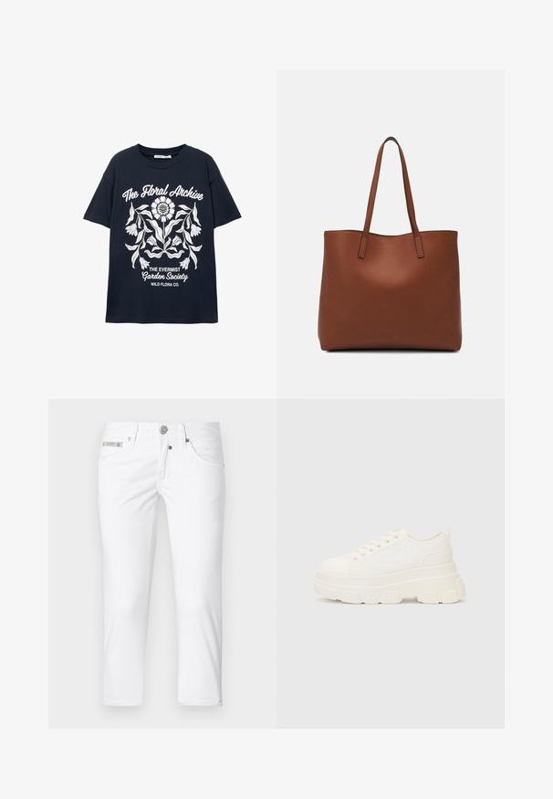 Námornícke tričko s krátkym rukávom s bielym kvetinovým grafickým motívom a textom "Kvetinový archív," "Spoločnosť Evermist Garden" a "Wild Flora Co."; Biele džínsy s úzkym strihom, piatimi vreckami a gombíkovým zapínaním. Majú kovový logo akcent na páse. Hladká textúra.; Biele plátené tenisky s hrubou podrážkou, zaoblenou špičkou a piatimi očkami na šnúrky. Zadný popruh pre jednoduché obúvanie. Hladká textúra, minimalistický dizajn.; Hnedá kožená taška na rameno s hladkou textúrou, otvoreným vrchom a dvoma ramenými popruhmi. Má minimálne šitia a žiadne viditeľné kovania.