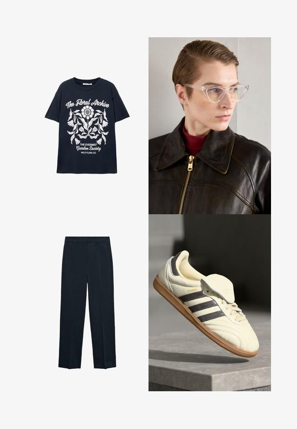 Námornícke tričko s krátkym rukávom s bielym kvetinovým grafickým motívom a textom "Kvetinový archív," "Spoločnosť Evermist Garden" a "Wild Flora Co."; Námornícke modré nohavice s rovnou nohou, plochým predným dielom, dvoma bočnými vreckami a hladkou textúrou. Žiadne viditeľné vzory alebo akcenty.; Krémové kožené tenisky s tromi tmavými pruhmi, hnedou gumenou podrážkou a zaoblenou špičkou. Obsahujú prehýbací jazyk s označením "SAMBA."; Priehľadné acetátové mačacie okuliare s žltými tónovanými sklami, ktoré nosí osoba v tmavej koženej bunde a červenom roláku. Hladký povrch.; Béžová kabelka vyrobená z mäkkého materiálu, s uvoľneným dizajnom, prišitými detailmi a dvoma popruhmi na nosenie na pleciach. Vhodná na každodenné nosenie.