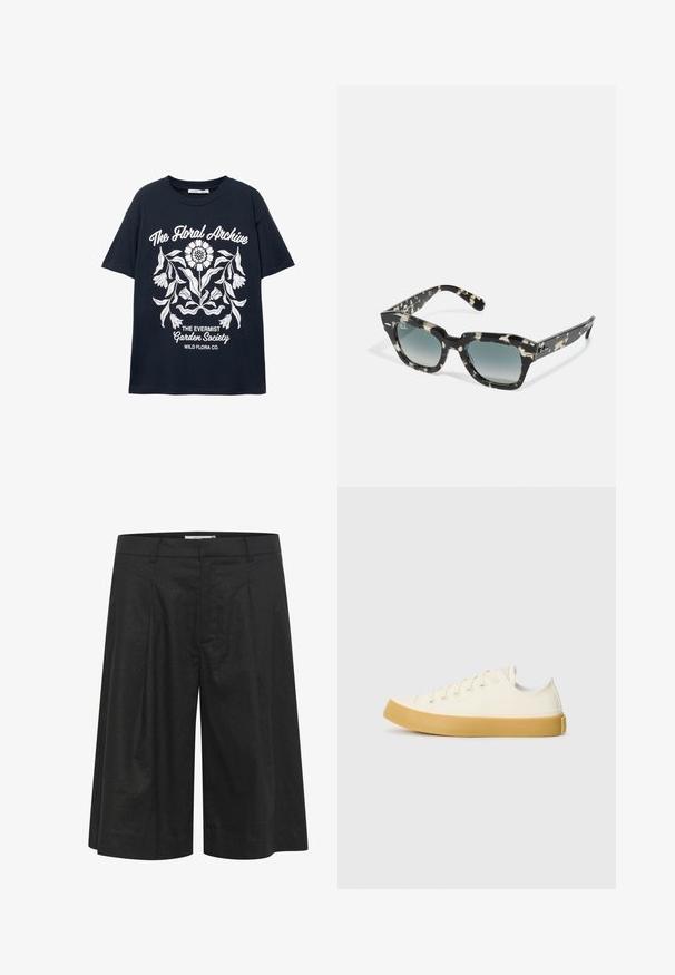 Laivastonsininen lyhythihainen t-paita, jossa on valkoinen kukkakuva ja tekstit "Kukkavalikoima", "Ikivihreä Puutarhayhdistys" ja "Villikukkia Oy."; Mustat housut, joissa on löysä, leveä lahje, pleatattu etuosa ja sileä rakenne. Valmistettu kevyestä kankaasta. Istuu vyötäröllä.; Kankava sneakers vaaleassa valkoisessa, pyöreällä varvalla, jossa on beiget kumipohjat ja viisi reikää nauhoille, teksturoitu pinta ylemmässä osassa.; Aurinkolasit musta- ja kerma-raidallisella kuviolla, paksulla rungolla, neliskanttinen muoto ja gradienttisävytetyt linssit. Ray-Ban-logo sivussa.