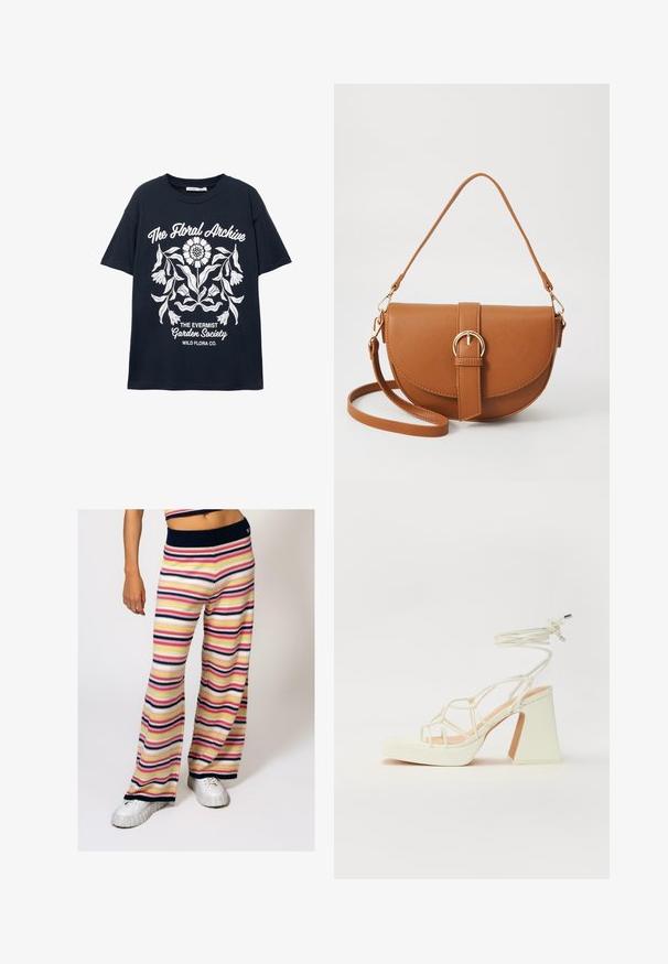 Tricou scurt cu mânecă, de culoare bleumarin, cu un grafic floral alb și textul "Arhiva Florală", "Societatea Grădinii Evermist" și "Wild Flora Co."; Pantalonii largi din tricot cu dungi prezintă dungi orizontale în nuanțe de roz, galben, bleumarin și alb, având un brâu din tricot bleumarin și o textură moale.; Sandale albe cu toc înalt și gros, cu un design cu curele și legătură la gleznă. Textură netedă, cu o platformă frontală pentru înălțime suplimentară.; Geantă din piele maro, tip crossbody, cu o formă curbată, accesorii aurii și un accent cu cataramă. Dispune de un curea de umăr detașabilă.