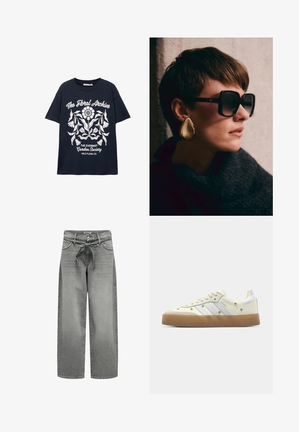 Tengerészeti rövid ujjú póló fehér virágmintával és a következő szövegekkel: "A Virágarchívum", "Az Evermist Kertészeti Társaság" és "Vadvirágok Kft."; Széles lábú, szürke farmernadrág húzózsinóros derékkal és elülső zsebekkel. Az anyaga enyhe textúrával és kopott hatással rendelkezik.; Krém színű sneakerek világoskék csíkokkal, gumi talpúak, és díszítő sárga virágmotívumokkal a felső anyagon. Lekerekített orrformával.; Fekete, oversize napszemüveg sötét lencsékkel és arany részletekkel, nagy, fényes arany cseppfülbevalóval párosítva. Sötét, texturált sál.
