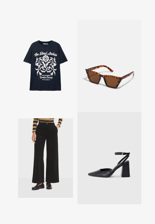 Marineblauwe T-shirt met korte mouwen, voorzien van een witte bloemenillustratie en tekst met de opschriften "The Floral Archive", "The Evermist Garden Society" en "Wild Flora Co."; Zwarte corduroy broek met wijde benen en hoge taille, met een sluiting met een knoop aan de voorkant en zijzakken, gecombineerd met zwarte instappers.; Zwarte leren puntige pump met een enkelbandje en een chunky hak. Vlakke textuur, strakke vormgeving en minimalistische esthetiek.; Bruin getinte zonnebril met een schildpadmotief, hoekig montuur en slanke armen. Lichtgewicht kunststof materiaal.