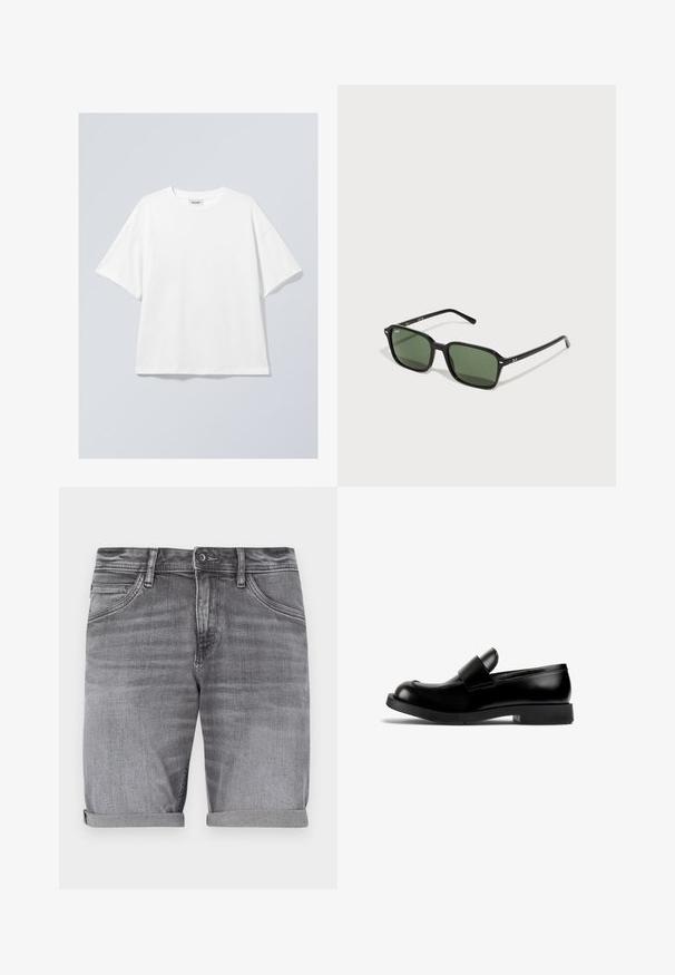 Weißes Baumwoll-T-Shirt mit rundem Ausschnitt und kurzen Ärmeln. Entspannter Schnitt ohne sichtbare Muster oder Akzente. Glatte Textur.; Graue Jeansshorts mit einem leicht verwaschenen Finish, umgeschlagenen Säumen, Fünf-Taschen-Design und einem Metallknopfverschluss an der Taille.; Schwarze Lederlofer mit runder Zehenform, flacher Gummisohle und einem auffälligen Riemendetail über dem Vorderblatt. Glatte Textur, minimalistisches Design.; Schwarze rechteckige Sonnenbrille mit grünen Gläsern, mit glänzender Oberfläche und dünnen Bügeln. Minimale Markierung am Rahmen.
