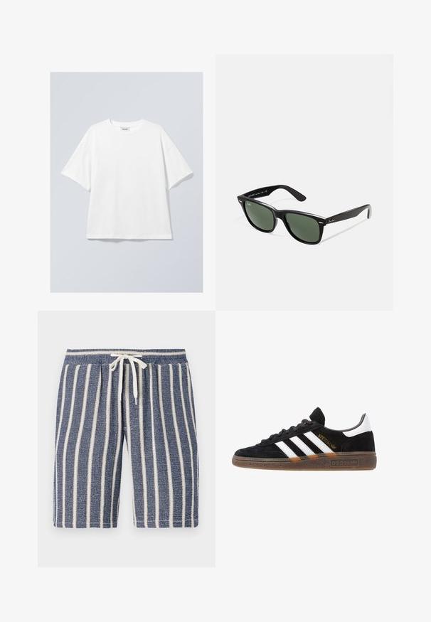 Biała bawełniana koszulka z okrągłym dekoltem i krótkimi rękawami. Luźny krój bez widocznych wzorów czy akcentów. Gładka faktura.; Granatowe szorty o fakturowanej powierzchni z białymi pionowymi paskami, z elastycznym paskiem w talii i detalem w postaci sznurków. Casualowy fason odpowiedni na ciepłe dni.; Czarny sneaker Adidas z białymi paskami, złotym napisem "Spezial", gumową podeszwą i białym elementem przy pięcie, przedstawiony w widoku z profilu.; Czarne plastikowe okulary przeciwsłoneczne z zielonymi szkłami, kwadratowe oprawki, srebrny akcent na brwi oraz fakturowane ramiona temple. Nazwa marki podana na wewnętrznej stronie ramion.