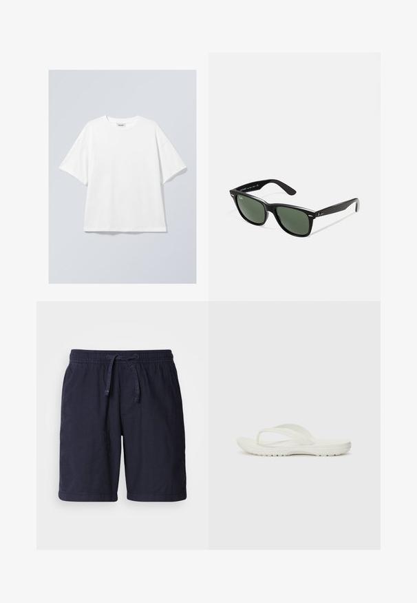 Tricou alb din bumbac cu decolteu rotund și mâneci scurte. Croială lejeră, fără modele sau accente vizibile. Textură netedă.; Pantaloni scurți bleumarin, confecționați dintr-un material ușor, având un talie elastică cu șnur și buzunare laterale. Design casual cu margini cusute.; Flip-flop alb, cu un design minimalist, fabricat dintr-un material moale din cauciuc, cu o talpă plată și o curea în formă de Y pentru suport.; Ochelari de soare din plastic negru cu lentile verzi, rame pătrate, accent argintiu pe sprânceană și brațe texturate. Marca este menționată pe brațul interior.