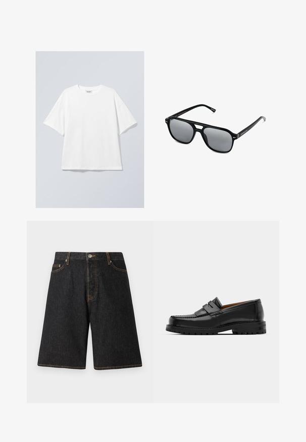 T-shirt bianco in cotone con scollo rotondo e maniche corte. Vestibilità comoda senza motivi o dettagli visibili. Texture morbida.; Shorts in denim nero con taglio dritto, caratterizzati da cuciture arancioni, cinque tasche e chiusura con bottone in metallo in vita.; I mocassini in pelle nera presentano una cucitura sollevata, due fasce decorative sulla parte superiore e una suola spessa e texture per una maggiore aderenza.; Occhiali da sole neri con montatura rettangolare, lenti grigie oscurate e design con intaglio sul ponte. Materiale plastico lucido e slanciato, con tempie sottili.