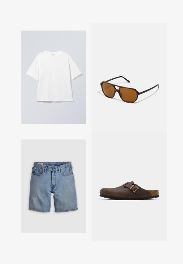 Hvit bomulls t-skjorte med rund hals og korte ermer. Avslappet passform uten synlige mønstre eller detaljer. Glatt tekstur.; Denimshorts i lys blå vask, med høy midje, fem lommer, og glidelås med knappelukking. Sømmen er i kontrast med oransje.; Brunt lærkloss med en bred stropp og en kobberlås, med en teksturert kork fotbed og en tykk svart gummisåle.; Skilpaddeskallet solbriller med brune linser, rektangulær form og metalldetaljer på rammen. Slank design med tynne armer.