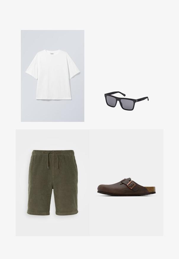 Tricou alb din bumbac cu decolteu rotund și mâneci scurte. Croială lejeră, fără modele sau accente vizibile. Textură netedă.; Shorts din catifea cord cu o nuanță de verde măsliniu, cu talie elastică, șnur ajustabil și margini suflate. Materialtexturat cu o finisare moale.; Sabot din piele maro, cu o curea lata și o cataramă din cupru, având o tălpiță texturată din plută și o talpă groasă din cauciuc negru.; Ochelari de soare dreptunghiulari negri cu lentile întunecate, finisaj mat și detalii cu logo pe bradă. Designul prezintă margini drepte și rame groase.