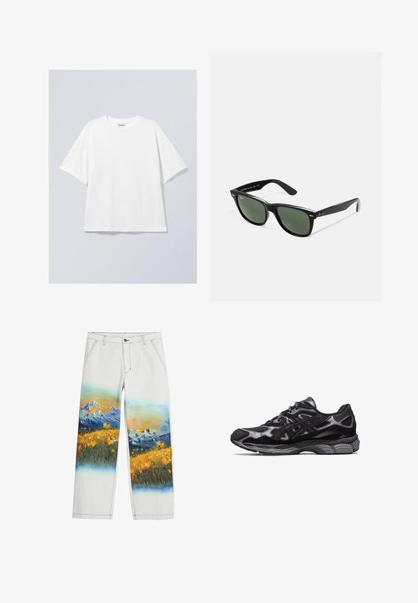 Witte katoenen T-shirt met een ronde halslijn en korte mouwen. Ontspannen pasvorm zonder zichtbare patronen of accenten. Soepele textuur.; Desigual LANDSCAPE - Broek - white; Zwarte sportschoen met een bovenwerk van mesh en suede, met een gestructureerd ontwerp en een robuuste, gewatteerde grijze zool.; Zwarte plastic zonnebril met groene lenzen, vierkante montuur, zilveren accent op de wenkbrauw en een gestructureerde tempel. Merken vermeld op de binnenkant van de arm.