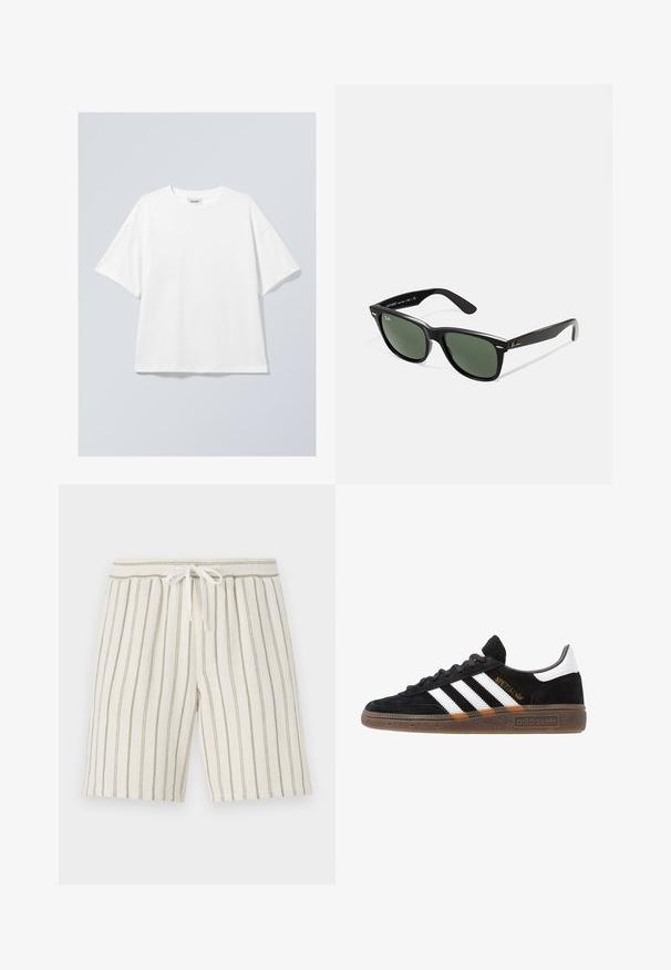 Weißes Baumwoll-T-Shirt mit rundem Ausschnitt und kurzen Ärmeln. Entspannter Schnitt ohne sichtbare Muster oder Akzente. Glatte Textur.; Hellebeige Shorts mit vertikalen olivgrünen Streifen, aus strukturiertem Stoff. Mit einem elastischen Bund und einer Kordelzug.; Schwarzer Adidas Sneaker mit weißen Streifen, goldenem "Spezial"-Text, Gummisohle und weißem Fersenbereich, seitliche Ansicht.; Schwarze Plastiksonnenbrille mit grünen Gläsern, quadratischen Rahmen, silbernem Akzent auf der Augenbraue und strukturierten Bügeln. Angegebene Marke auf dem inneren Bügel.