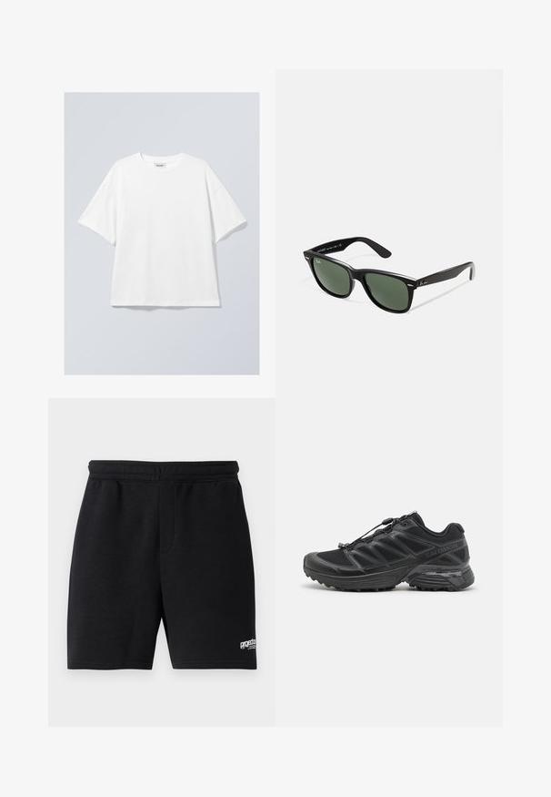 Balts kokvilnas T-krekls ar apaļu kakla izgriezumu un īsām piedurknēm. Brīva piegriezuma ar neredzamām rakstām vai akcentiem. Gluda tekstūra.; Melni kokvilnas šorti ar elastīgu jostu, divām sānu kabatām un mazu balto logo detalizāciju apakšējā labajā stūrī. Gluda tekstūra.; Melna skrienošā apava ar sietveida un sintētisku augšdaļu, elastīgu zoli un elastīgām šņorēm. Iekļauta mīkstināta starpzole komfortam.; Melnas plastmasas saulesbrilles ar zaļiem lēciem, kvadrātveida rāmjiem, sudrabainu akcentu uz uzacīm un teksturētām tempļu kājām. Zīmols norādīts uz iekšējās kājas.