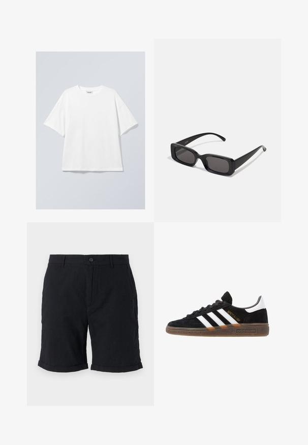 T-shirt bianco in cotone con scollo rotondo e maniche corte. Vestibilità comoda senza motivi o dettagli visibili. Texture morbida.; Pantaloni corti in lino neri con chiusura a bottone, presenta orli arrotolati e tasche laterali, offrendo una finitura testurizzata e un design casual.; Sneaker Adidas nere con strisce bianche, testo "Spezial" dorato, suola in gomma e tab sul tallone bianco, mostrato in veduta laterale.; Occhiali da sole neri rettangolari con lenti scure, finitura lucida, aste larghe e design della montatura spessa. Nome del marchio inciso su un'asta.