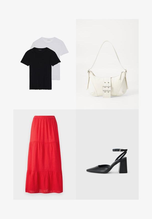Even&Odd 2 PACK - Basic póló - black/white; Piros pamut maxi szoknya, rugalmas derékkal, három rétegű fodrokkal és sima textúrával. Egyszerű dizájn, látható minták nélkül.; Fekete bőr, hegyes orrú magassarkú cipő boka pánttal és vastag sarokkal. Sima textúra, elegáns dizájn és minimális esztétika.; Fehér válltáska texturált felülettel, középen csattogó részlettel és íves formával. Cipzáras záródás mindkét oldalon.