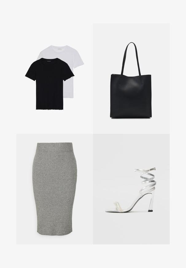 Even&Odd 2 PACK - Pamata T-krekls - black/white; Pelēka ribota adīta zīmuļu svārku ar pieguļošu siluetu, kas aprīkota ar elastīgu jostasvietu un mīkstu tekstūru. Vidēja garuma dizains.; Sudrabaini augstpapēžu sūna ar spīdīgu siksnu dizainu, kurā ir pērlēm līdzīgs akcents un spirālveida potītes siksna drošai pieguvei.; Melnas ādas somiņa ar gludu tekstūru, taisnstūra formu un divām garām rokturiem. Nav redzamu aparatūras vai rotājumu.