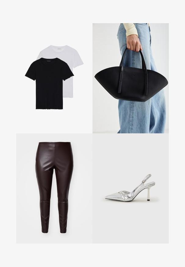 Even&Odd 2 PACK - T-shirt básica - black/white; Leggings de imitação de couro castanho com uma textura suave, design justo e detalhes nos joelhos, apresentando uma cintura alta e aberturas de pernas ajustadas.; Sapato de salto alto slingback prateado com bico fino, acabamento metálico, duas correias decorativas e um salto esbelto com ponta preta.; Bolsa de mão em couro preto com uma forma única em leque, apresentando alças planas. A superfície tem uma textura pebble e um design minimalista.