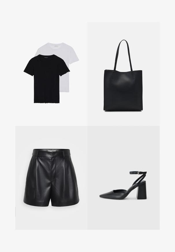 Even&Odd 2 PACK - Osnovna majica kratkih rukava - black/white; Crne kožne šortse s visokim strukom, nabranim prednjim dijelom i bočnim džepovima. Glatka tekstura s sjajnim završetkom.; Crne kožne cipele s špicastim vrhom, remenom oko gležnja i debelim potplatom. Ravna tekstura, elegantan dizajn i minimalistička estetika.; Crna kožna torba za nošenje s glatkom teksturom, pravokutnim oblikom i dvije duge ručke. Nema vidljivih metalnih dijelova ili ukrasa.