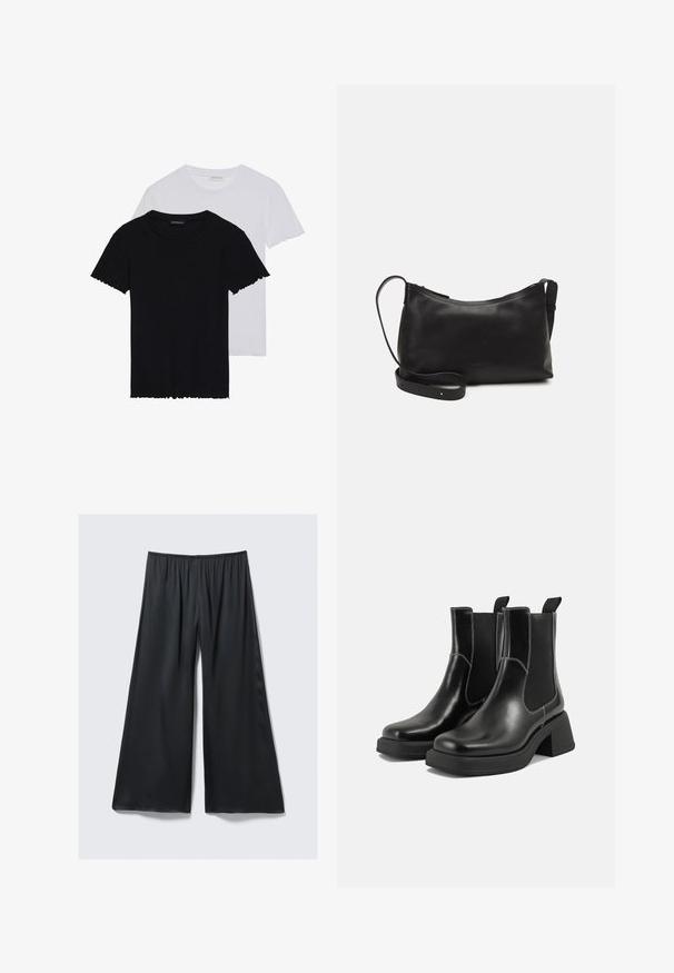 Even&Odd 2 PACK - Základné tričko - black/white; Čierne nohavice s širokými nohavicami vyrobené z ľahkého materiálu s elastickým pásom a hladkou, mierne lesklou textúrou. Majú voľný strih.; Čierne kožené Chelsea čižmy s robustným podpätkom, elastickými bočnými panelmi a kontrastným bielym prešívaním. Textúrovaný povrch.; Čierna kožená ramenná taška s hladkou textúrou, zakriveným tvarom, nastaviteľným popruhom a zipsom. Minimalistický dizajn bez ozdôb.