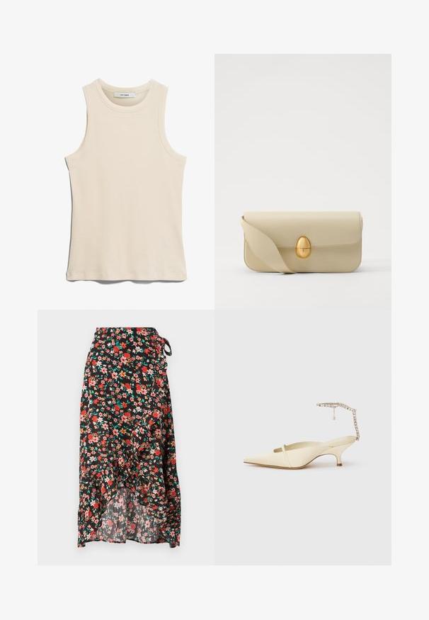 Top sem mangas em bege claro, feito de tecido canelado, com decote redondo e um design limpo e minimalista.; Saia envolvente floral com um fundo negro, flores vermelhas e rosas, bainha com babados, laço ajustável na cintura e tecido leve.; Salto slingback de bico fino em creme, com faixa frontal fina e correia com joias no tornozelo, em fundo branco.; Bolsa de mão em pele bege com uma textura lisa, forma retangular e um fecho oval dourado. Possui uma alça longa e ajustável.; Par de brincos irregulares em forma oval, feitos de metal dourado, com uma superfície texturizada e ligeiramente martelada, sobre um fundo branco.