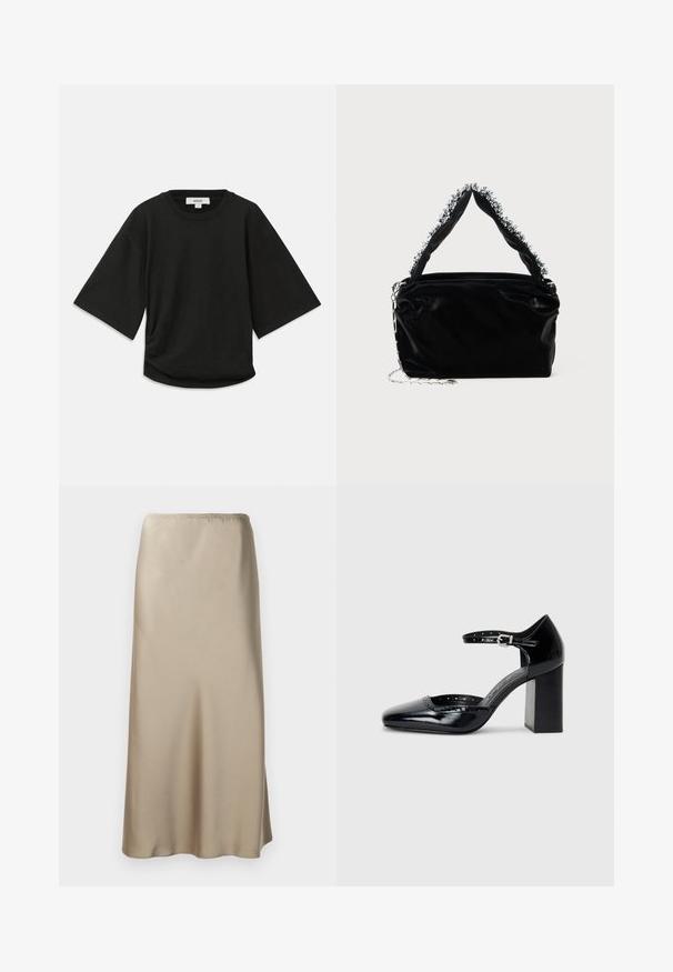 Must have lühikeste varrukatega must t-särk, mis on valmistatud pehmest puuvillast, ringikujulise kaelusega ja vabalt langenud lõikega, millel on külgedel peen volditud detail.; Nahatest satiinist midi-seelik heledas beežis, millel on elastne vöökoht, sile tekstuur ja voolujooneline A-lõige. Ilma nähtavate mustrite või detailideta.; Mustad lakknahk kingad kõrge kontsaga, ruudukujulise varbaga, pahkluu rihmaga ja paksu kontsaga. Sisaldab perforatsioonidega detaile ääres.; Must mustrepp nahkakäekott, millel on tekstuuriga viimistlus, esitades pehme hõbedase aktsendi pealt käepideme juures ja kettainet.
