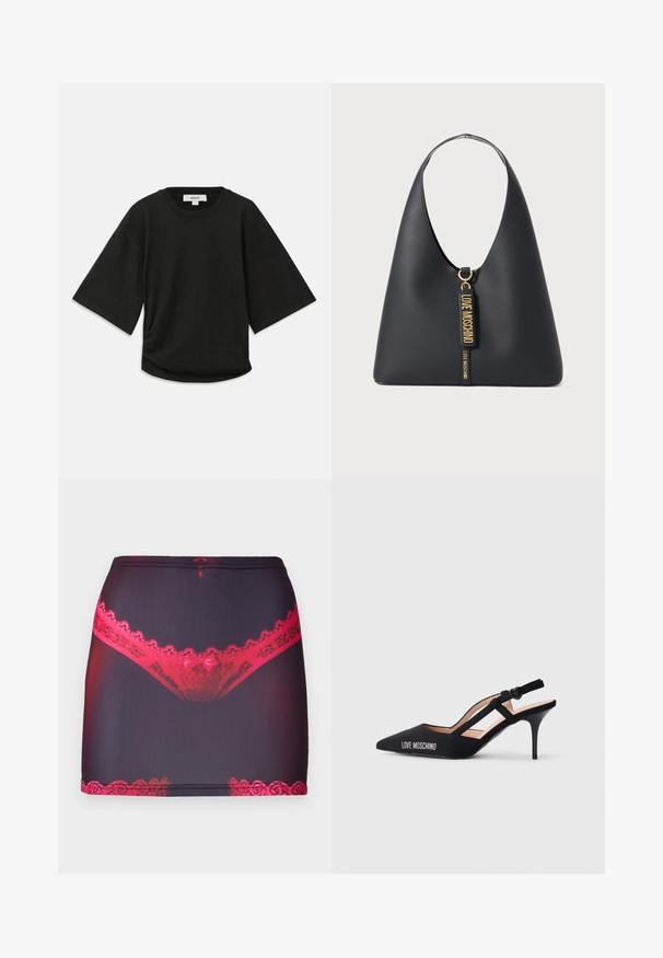 Černé triko s krátkým rukávem vyrobené z měkké bavlny, s kulatým výstřihem a uvolněným střihem se jemným nařaseným detailem na boku.; Černá mini sukně z látky s červeným krajkovým lemem nahoře a na spodním okraji, se grafickým potiskem červeného krajkového spodního prádla na přední straně.; Černé lodičky na vysokém podpatku se špičatou špičkou, s designem pásku a logem "LOVE MOSCHINO" na boku. Hladká textura.; Černá kožená kabelka přes rameno s širokým popruhem, zlatými detaily a dvěma visícími štítky s vyraženým nápisem "LOVE MOSCHINO" ve zlatých písmenech.