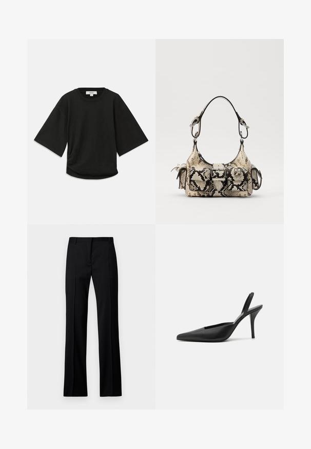 Melnā īsā piedurkņu T-kreklā, kas izgatavots no mīksta kokvilnas auduma, ir apaļa kakla izgriezuma un brīva piegriezuma ar vieglu sakopojuma detaļu sānos.; Melni taisni bikses gludā audumā, ar plakanu priekšpusi, jostas cilpām un bez redzamām kabatām vai rotājumiem.; Melna slingback kurpes ar augstiem papēžiem, ar smailu purngalu, izgatavotas no gludas ādas materiāla un ar elegantu, minimālistisku dizainu. Augsts stiletto papēdis.; Python-print rokassoma bēšā un melnā krāsā ar strukturētu formu, sprādzi un divām plecu siksnām. Tekstūrēta virsma.