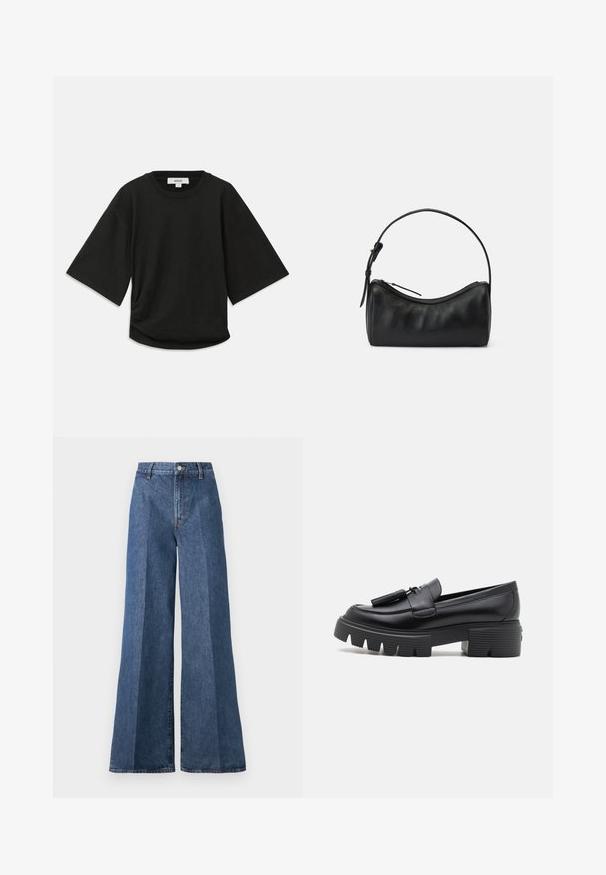 Black short-sleeve t-shirt made of soft cotton, featuring a round neckline and a relaxed fit with a subtle gathered detail at the side.; Wide-leg blue denim jeans with a high waist, featuring classic five-pocket styling and a button closure, made from textured cotton fabric.; Stuart Weitzman NOLITA TASSEL LOAFER - Platform heels - black; Black leather shoulder bag with a curved design, zip closure, and a slim strap. Features a smooth texture and subtle stitching details.