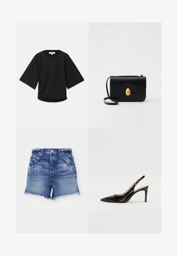 Black short-sleeve t-shirt made of soft cotton, featuring a round neckline and a relaxed fit with a subtle gathered detail at the side.; RE/DONE LOW SLUNG - Denim shorts - lightning; Black patent leather slingback pump with pointed toe, slim heel, and a subtle cutout design. Features a gold buckle on the strap.; Black leather handbag with a structured rectangular shape. Features a golden oval clasp and a thin shoulder strap. Smooth texture.