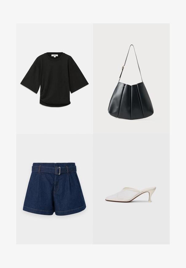 Fekete, rövid ujjú póló puha pamutból, lekerekített nyakkal és laza szabással, oldalán finom ráncolással.; Sötétkék farmer rövidnadrág széles redőzött kialakítással, fémcsattal ellátott övvel és látható narancsszínű varrási részletekkel.; Fehér hálós, hegyes orrú mules cipő, vékony, középmagas sarkával és slip-on kialakításával, egyszerű háttér előtt.; Fekete bőr válltáska redőzött dizájnnal, sima textúrával, egyetlen pánttal és egy diszkrét arany hardver kiemeléssel.