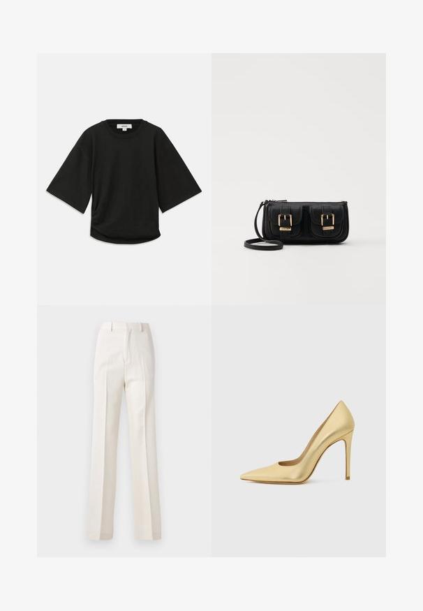 Sort kortærmet t-shirt lavet af blødt bomuld, med rund halsudskæring og en afslappet pasform med en subtil samlede detalje i siden.; Hvide, brede bukser med en glat tekstur, der har frontfolder og et klassisk taljebånd, designet til et poleret look.; Guldmetalisk spids tå højhælet sko med stiletto hæl, vist fra siden på en ensfarvet lys baggrund.; Sort læder crossbody taske med to frontlommer, guldspænder, lynlåslukning og en slank rem. Struktureret overflade og kompakt rektangulær form.