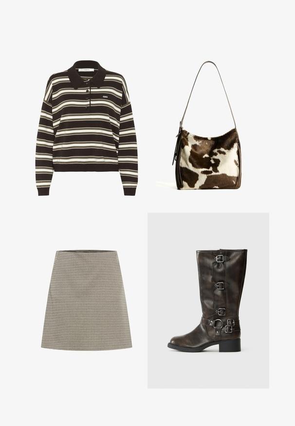 Langarm-Polohemd mit braunen, beigen und weißen horizontalen Streifen, Knopfleiste und kleinem "BG"-Logo auf der Brust.; A-Linien-Rock in Grau mit einem kleinen Karomuster. Verfügt über eine glatte Textur und einen schlichten Taillenbund. Fällt über das Knie.; Braune Leder-Stiefel bis zum Knie mit mehreren Schnallen, einer runden Zehenpartie und einem niedrigen, robusten Absatz. Die Stiefel haben eine strukturierte Oberfläche und verstellbare Riemen.; Braune und cremefarbene Kuhhaut-Umhängetasche mit einem glatten Ledertrageriemen, Reißverschluss und einer weichen, strukturierten Oberfläche mit einem natürlichen Muster.