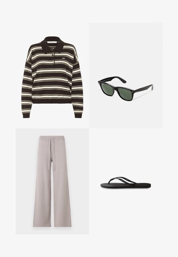 Long-sleeve polo shirt with brown, beige, and white horizontal stripes, button placket, and small "BG" logo on the chest.; Light gray, wide-leg sweatpants in soft fabric. Features a ribbed waistband with a drawstring, and subtle stitching at the hem.; Black flip-flop featuring a textured rubber sole, two slender straps, and a subtle, embossed logo detail on the strap.; Black plastic sunglasses with green lenses, square frames, silver accent on the brow, and textured temple arms. Stated brand on inner arm.