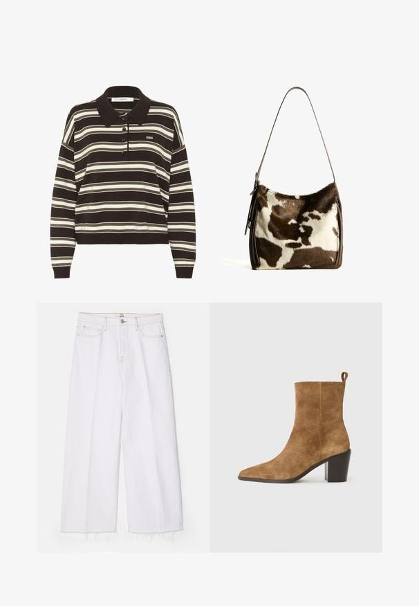 Polo-shirt met lange mouwen met bruine, beige en witte horizontale strepen, knoopsluiting en klein "BG" logo op de borst.; FRAME LE JANE WIDE CROP RAW FRAY - Relaxed fit jeans - au natural clean; Bruine suède enkelboot met een spitse neus en een stevige zwarte hak, gepresenteerd tegen een neutrale achtergrond.; Bruine en crèmekleurige koeienhuid schoudertas met een gladde leren band, ritssluiting en een zachte, tekstuursurface met een natuurlijk patroon.