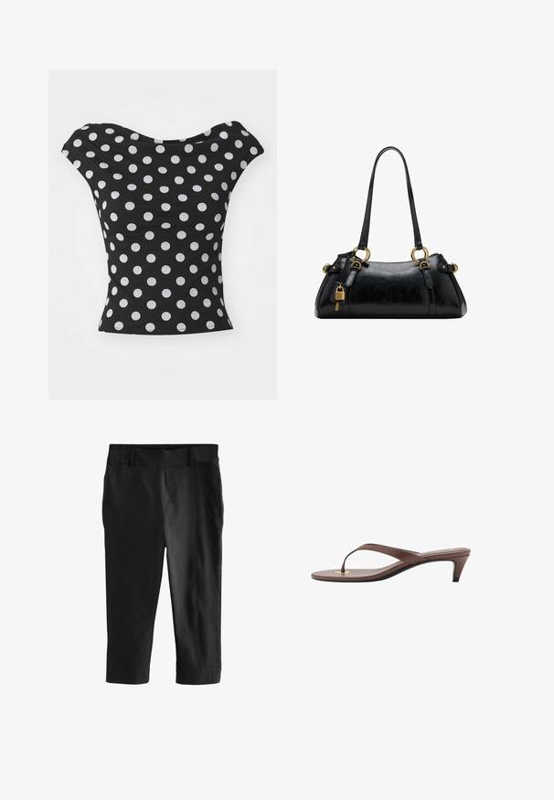 Black top with white polka dots, featuring a wide, off-the-shoulder neckline and a fitted shape. Made from soft, stretchy fabric.; Black cropped trousers with a smooth texture. Features a flat front waistband and no visible pockets, designed for a tailored fit.; Brown heeled flip-flop sandal with a slender strap and rounded toe post, featuring a small gold accent on the footbed.; Black leather handbag with a smooth texture, rounded shape, gold hardware accents, and dual handles. Features a decorative lock on the side.