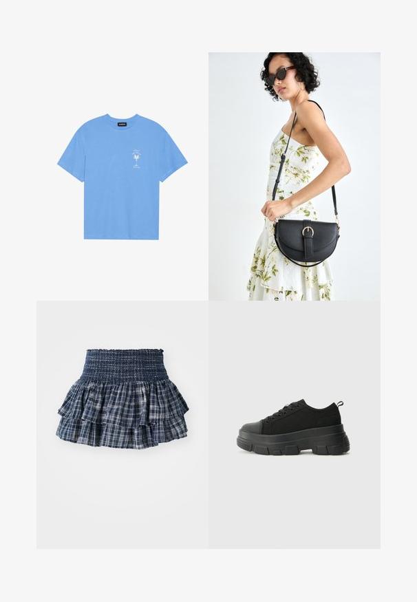 Lys blå bomull t-skjorte med rund hals. Har et hvitt grafisk motiv av et palmetre og tekst på venstre brystområde. Korte ermer.; Marineblå rutete volangskjørt med smocket elastisk midjebånd, med lagdelte tier med hvite rutenettmønstre og en teksturert overflate.; Svarte sneakers med en kraftig gummisåle, teksturert stoffoverdel, rund tå og snøring. Har forsterkede snørehull og bakre trekkstang.; Svart lærveske med en buet form, avtagbar stropp og gullbeslag. Vesken har et klaff med spenne-detall.