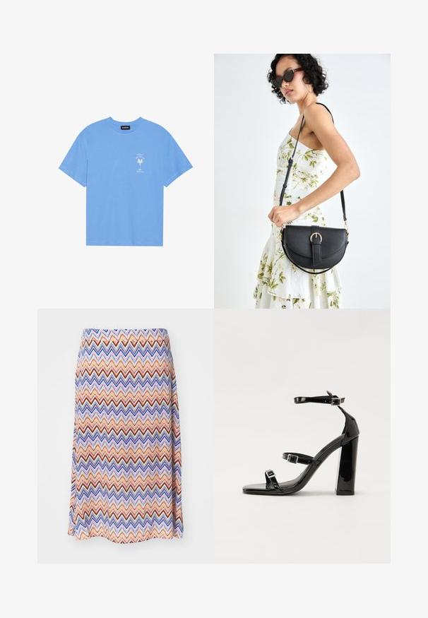 Világoskék pamut póló, lekerekített nyakkal. Az elülső bal mellrészen egy fehér pálmafát és szöveget ábrázoló grafikával rendelkezik. Rövid ujjak.; Többszínű zig-zag mintázatú szoknya. Könnyű anyagból készült, szélesedő sziluettel és derékrésszel. Főleg narancssárga, kék és piros színekből áll.; Fekete lakk magas sarkú szandál négyzet alakú orral, bokapántokkal és ezüst csatokat tartalmaz. Masszív blokk sarka a stabilitásért felel.; Fekete bőrtáska ívelt formával, levehető pánttal és arany színű fémrészekkel. A táskán egy csattal díszített fedél található.