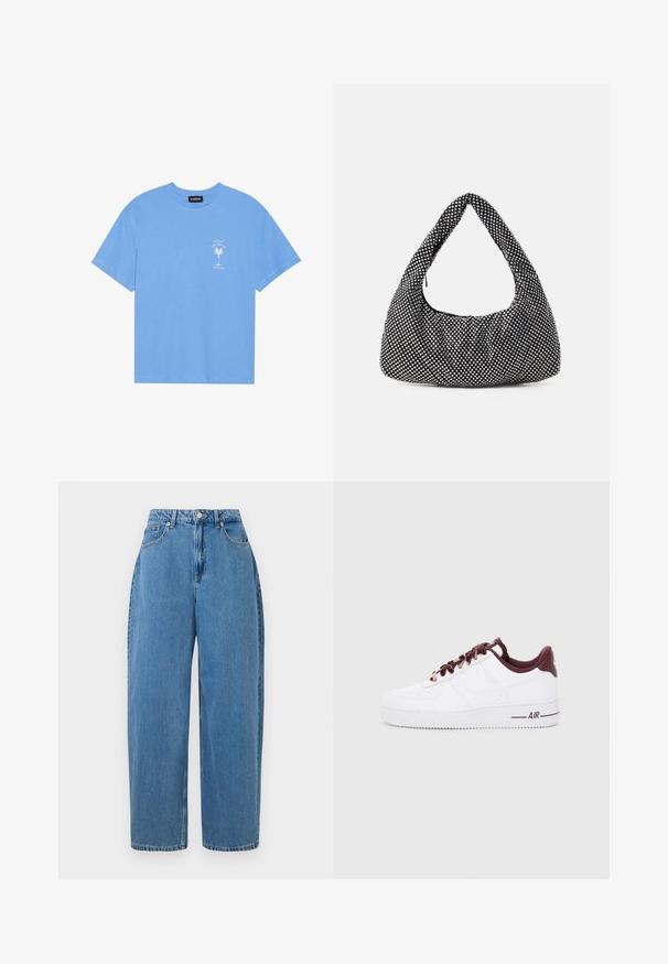 Heledad sinine puuvillane T-särk ümmarguse kaelusega. Vasakul rinnal on valge palmipuu ja tekst. Lühikesed varrukad.; Heledad denim püksid, sirge sääre lõikega, kõrge vöökoht ja eesmine nuppe sulgemine. Omab viit taskut ja minimaalseid õmblusdetailide.; Valged nahast jooksujalanõud tumepunaste aktsentidega, ümmarguste nööride, pehme krae ja tekstureeritud kummitaldadega. Küljele trükitud "AIR".; Must kollane kott, millel on kaarjas hobo kuju, tekstuurne kangas ja hõbedased studid. Üksik ülemine sang, tõmbluku sulgemine ja pehme siluett.