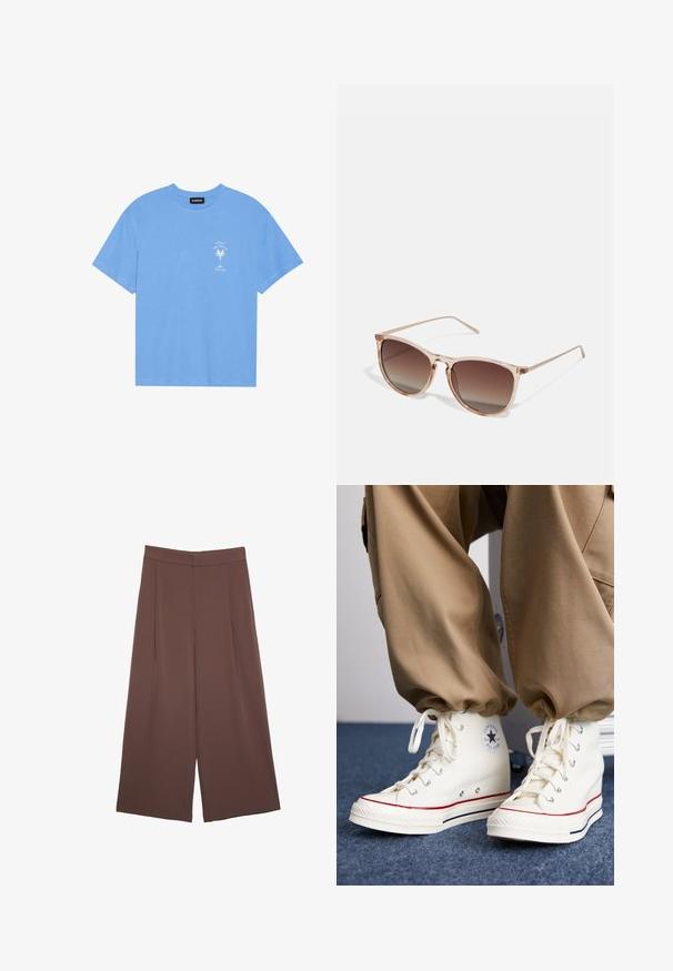 Svetlo modra bombažna majica s krožnim izrezom. Na levi strani prsnega dela ima belo grafiko palme in besedilo. Kratke rokave.; Rjave široke hlače z gladko teksturo, ki imajo visok pas in sprednje naborke. Tkanina je lahka in prosto pada.; Bele visoke teniske iz platna z gumijastim podplatom, ki imajo črni zvezdasti logotip in rdeče ter mornarsko modre stripe.; Rjavi gradient sončna očala s prozornim roza okvirjem, kvadratne oblike in tankimi kovinskimi ročaji. Imajo zaobljene robove in minimalne detajle.