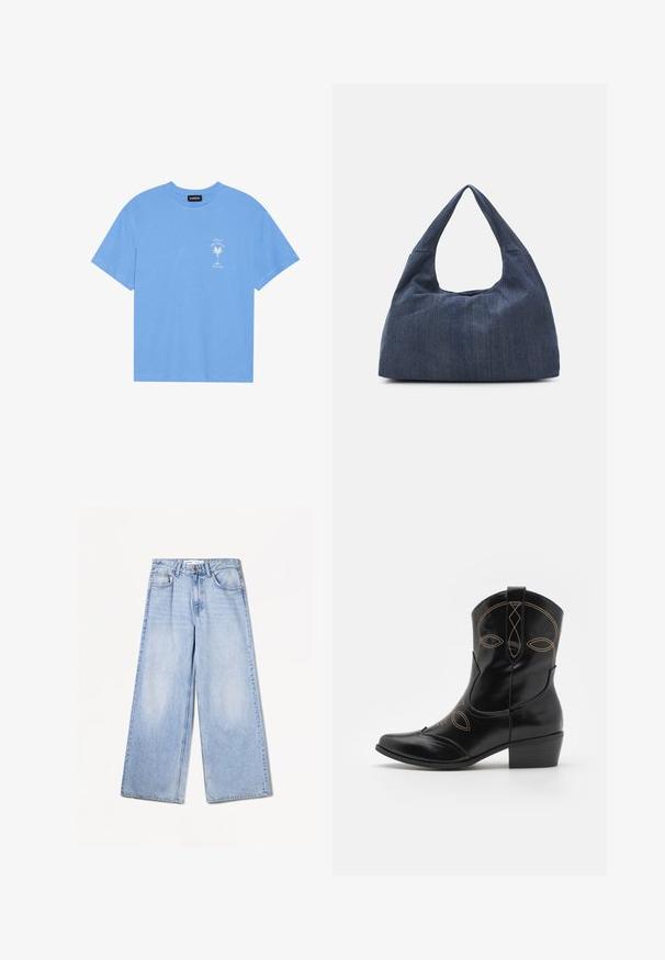 Tricou din bumbac de culoare albastru deschis, cu guler rotund. Prezintă o grafică albă a unei palmieri și text în zona stângă a pieptului. Mâneci scurte.; Bershka WIDE-LEG - Wide leg - light-blue denim; Botă cowboy din piele neagră, cu cusături decorative portocalii și un design decupat. Prezintă un toc scurt și gros și un vârf ascuțit.; Geantă din denim albastru închis, cu o formă moale și lejeră, având un mâner în stil hobo și o suprafață texturată. Fără accente de metal vizibile.