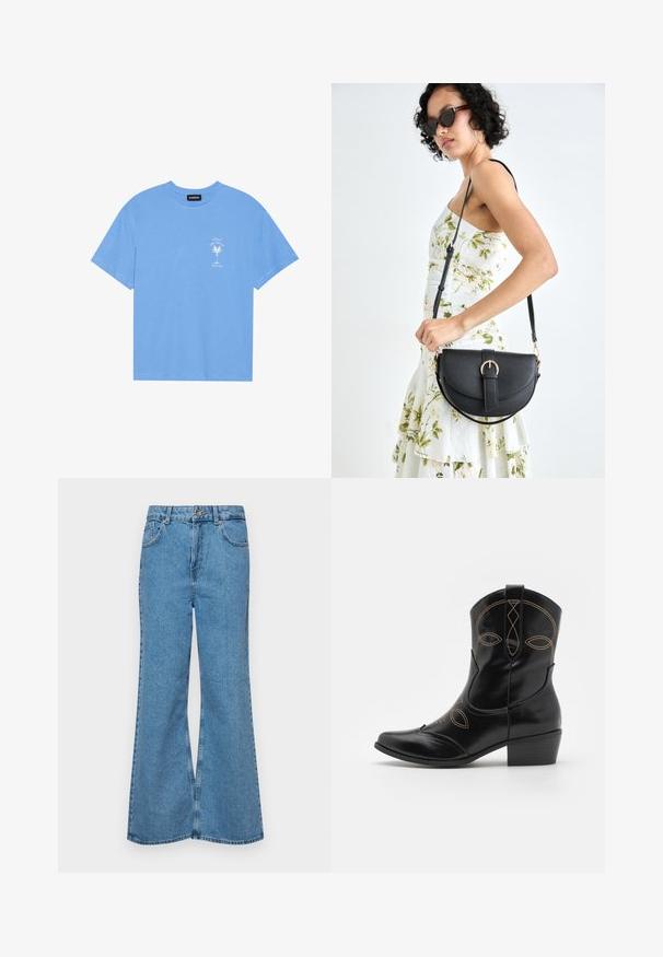 Világoskék pamut póló, lekerekített nyakkal. Az elülső bal mellrészen egy fehér pálmafát és szöveget ábrázoló grafikával rendelkezik. Rövid ujjak.; Világoskék, trapézszárú farmernadrág, magas derékkal, öt zsebbel és egy gombos záródással. Puha tapintású, magasított effektusú anyag.; Fekete bőr cowboy csizma díszes narancssárga varrással és kivágott mintával. Rövid, rakott sarokkal és hegyes orral rendelkezik.; Fekete bőrtáska ívelt formával, levehető pánttal és arany színű fémrészekkel. A táskán egy csattal díszített fedél található.